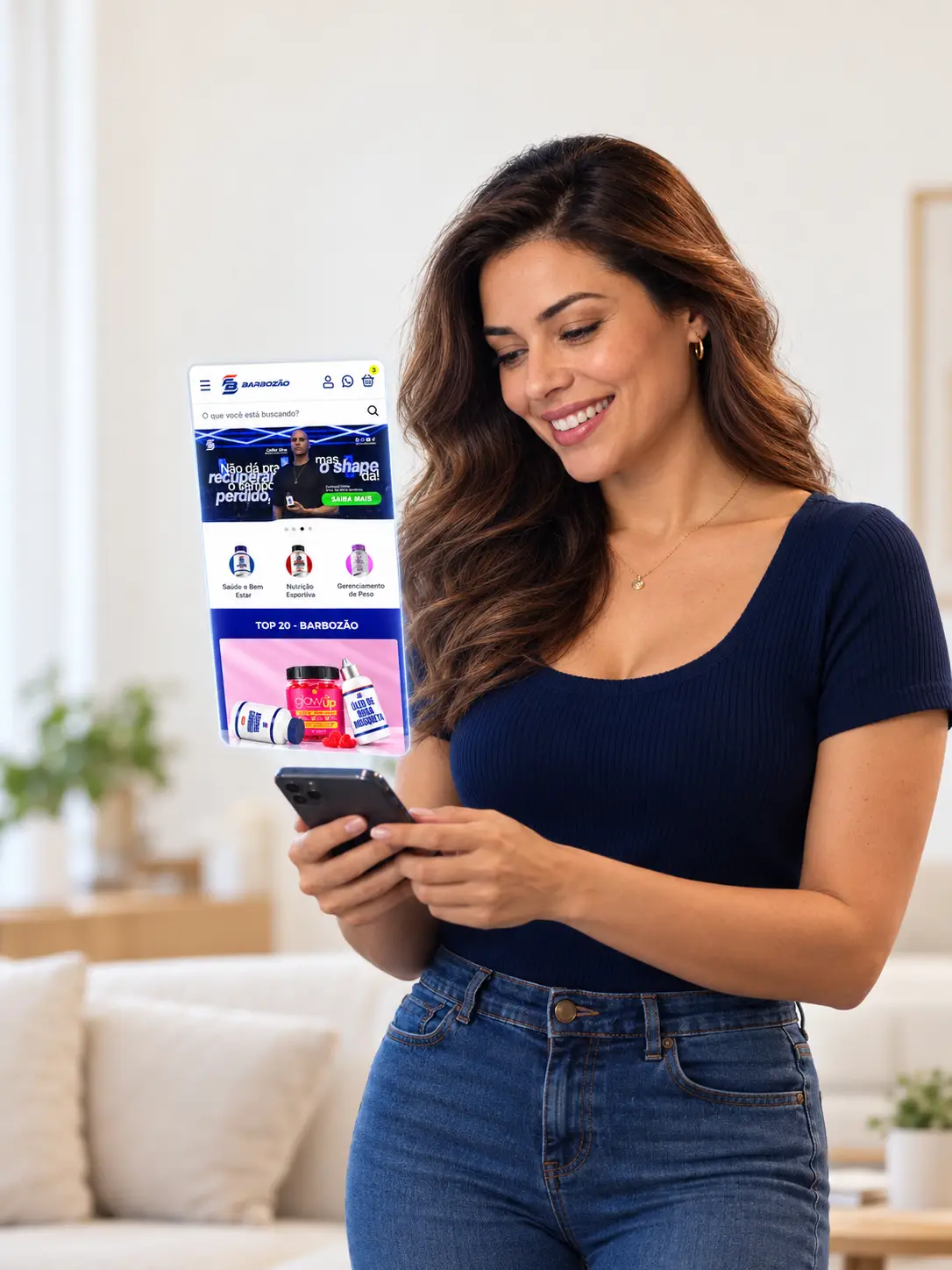Cliente comprando na loja online da Farmácia Barbozão pelo celular